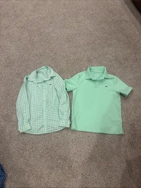 Vineyard Vines Boys' Mint Green Polo & Gingham Button Down Shirt Set size 6